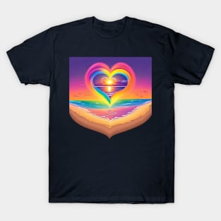 Rainbow Beach Walk Heart Sunset Tee - Haloed Footsteps T-Shirt